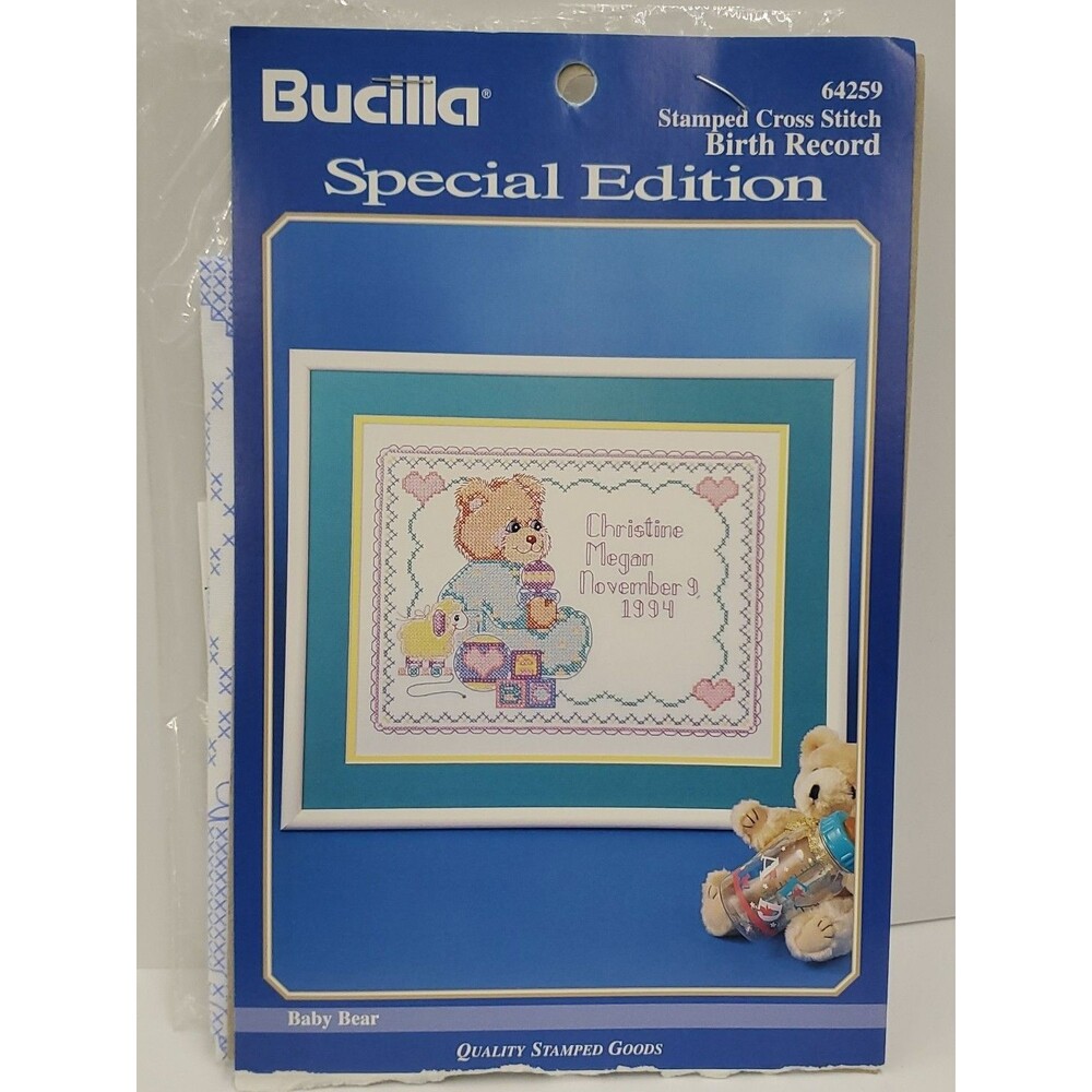 Bucilla Cross Stitch Kit-Birth Record/Baby Bear/1990's/Crafting/Needlework/64259